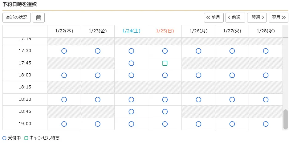 メンズリゼ名古屋駅前院1月の予約状況