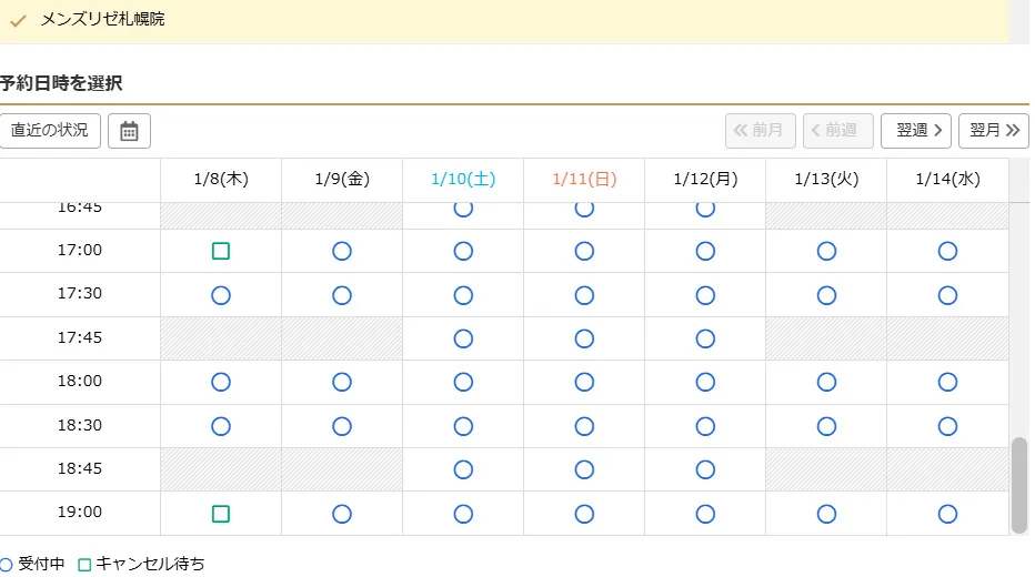 メンズリゼ札幌院の1月の予約状況